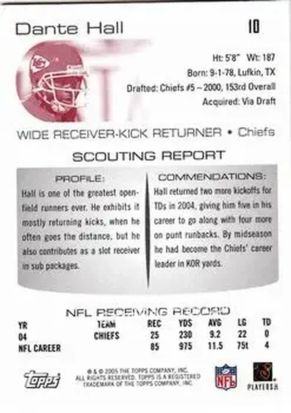 2005 Topps Draft Picks & Prospects #10 - Dante Hall - Kansas City Chiefs - Back