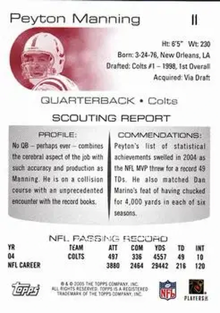 2005 Topps Draft Picks & Prospects #11 - Peyton Manning - Indianapolis Colts - Back 2005 Topps Draft Picks & Prospects #11 - Peyton Manning - Indianapolis Colts - Back
