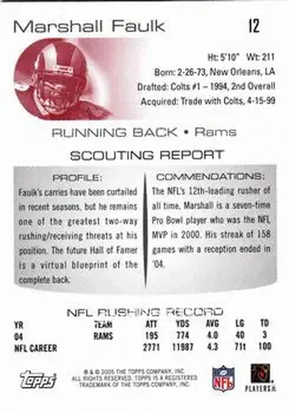2005 Topps Draft Picks & Prospects #12 - Marshall Faulk - St. Louis Rams - Back