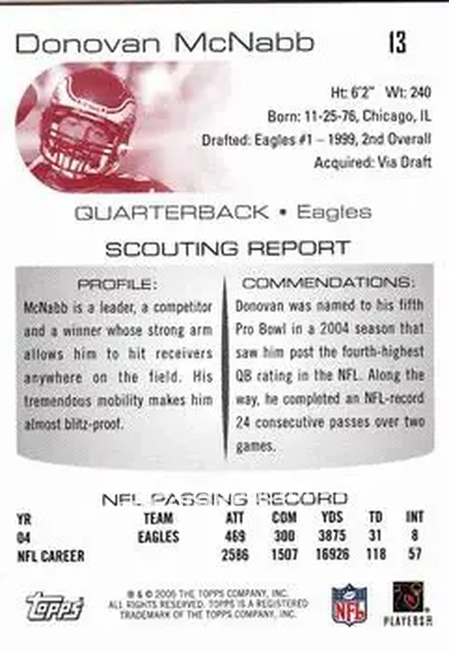 2005 Topps Draft Picks & Prospects #13 - Donovan McNabb - Philadelphia Eagles - Back 2005 Topps Draft Picks & Prospects #13 - Donovan McNabb - Philadelphia Eagles - Back