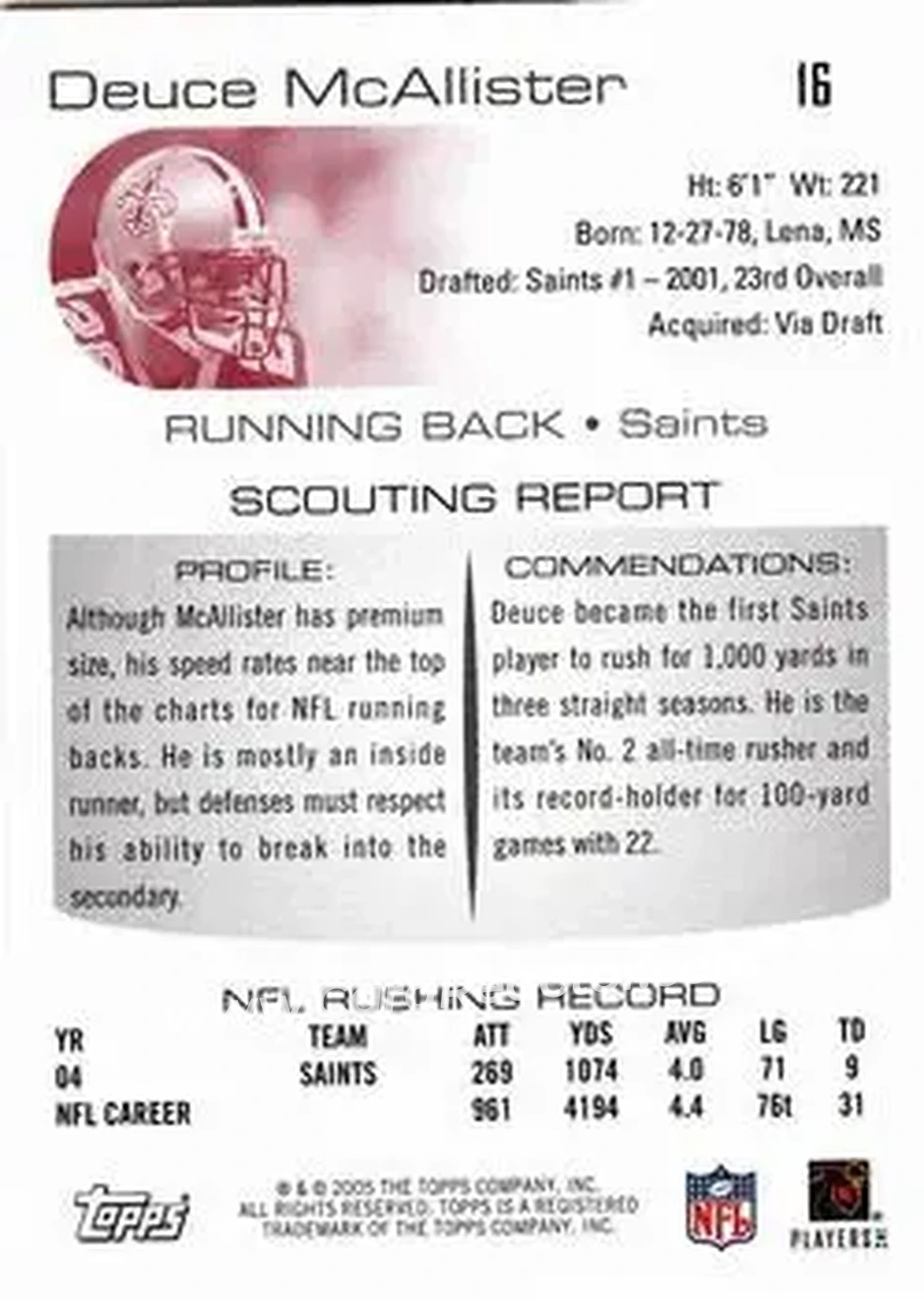2005 Topps Draft Picks & Prospects #16 - Deuce McAllister - New Orleans Saints - Back 2005 Topps Draft Picks & Prospects #16 - Deuce McAllister - New Orleans Saints - Back