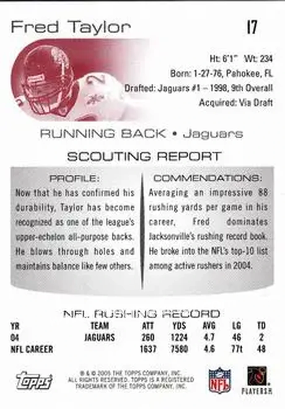 2005 Topps Draft Picks & Prospects #17 - Fred Taylor - Jacksonville Jaguars - Back
