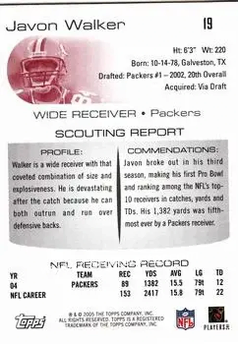 2005 Topps Draft Picks & Prospects #19 - Javon Walker - Green Bay Packers - Back