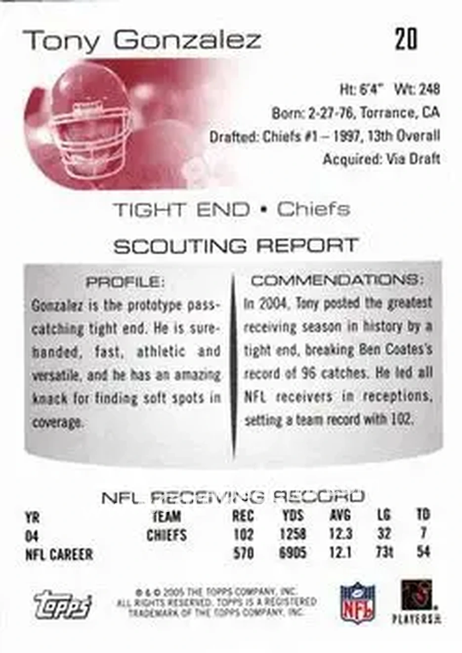2005 Topps Draft Picks & Prospects #20 - Tony Gonzalez - Kansas City Chiefs - Back 2005 Topps Draft Picks & Prospects #20 - Tony Gonzalez - Kansas City Chiefs - Back