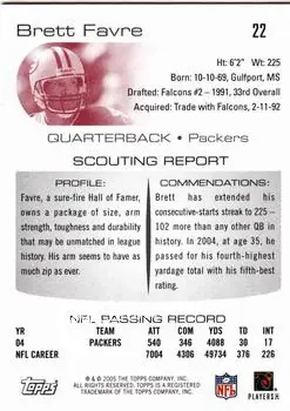 2005 Topps Draft Picks & Prospects #22 - Brett Favre - Green Bay Packers - Back 2005 Topps Draft Picks & Prospects #22 - Brett Favre - Green Bay Packers - Back