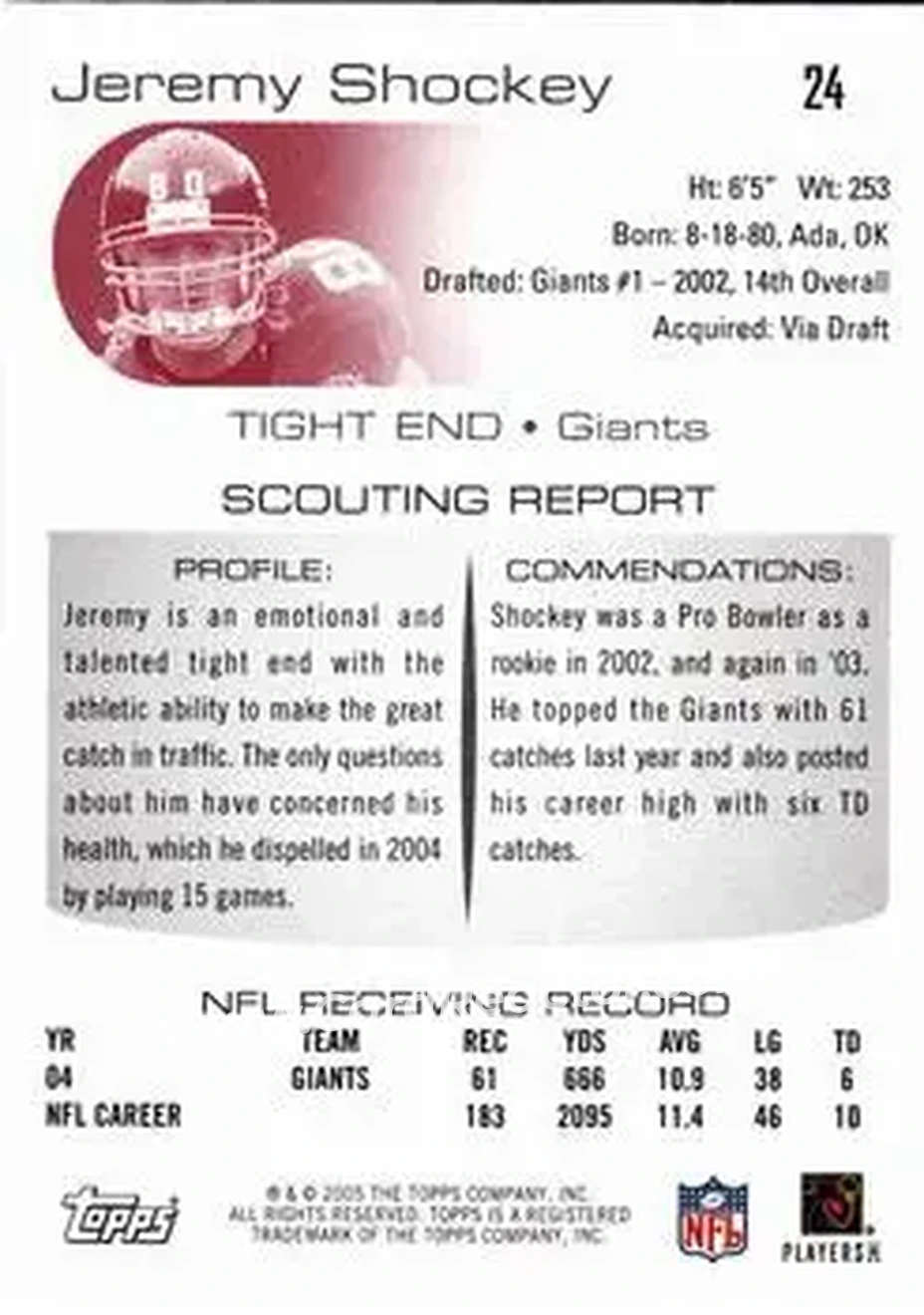 2005 Topps Draft Picks & Prospects #24 - Jeremy Shockey - New York Giants - Back