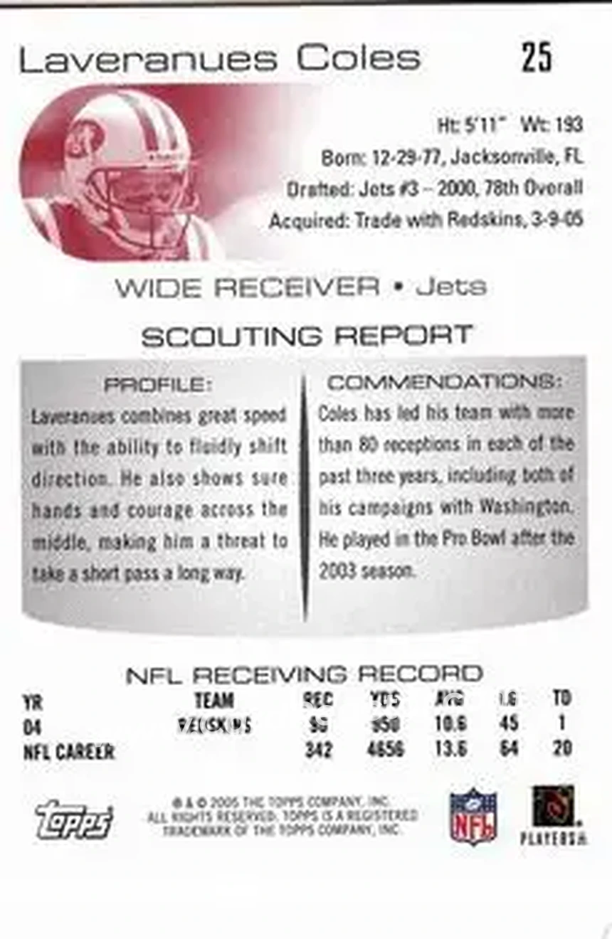 2005 Topps Draft Picks & Prospects #25 - Laveranues Coles - New York Jets - Back