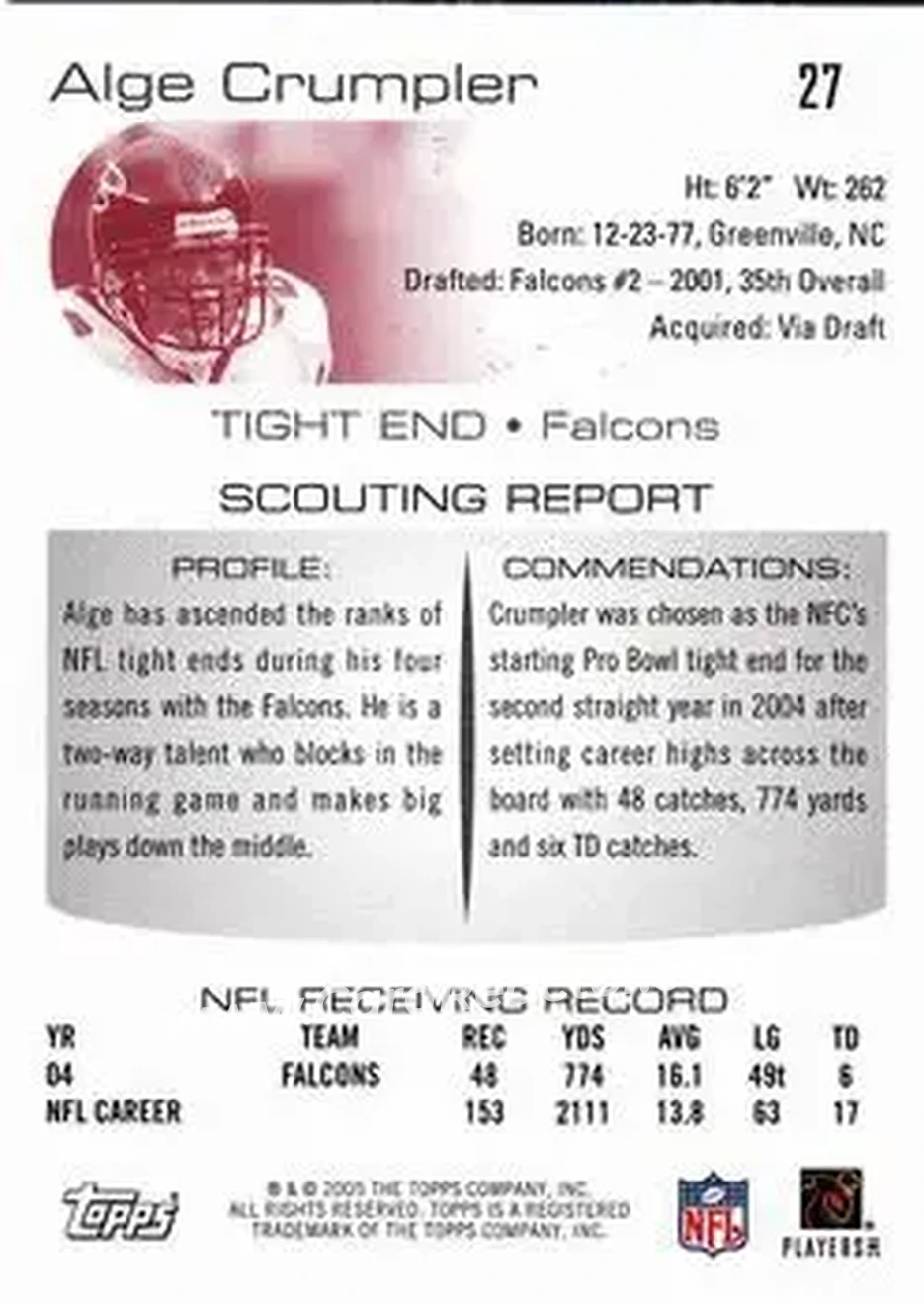 2005 Topps Draft Picks & Prospects #27 - Alge Crumpler - Atlanta Falcons - Back