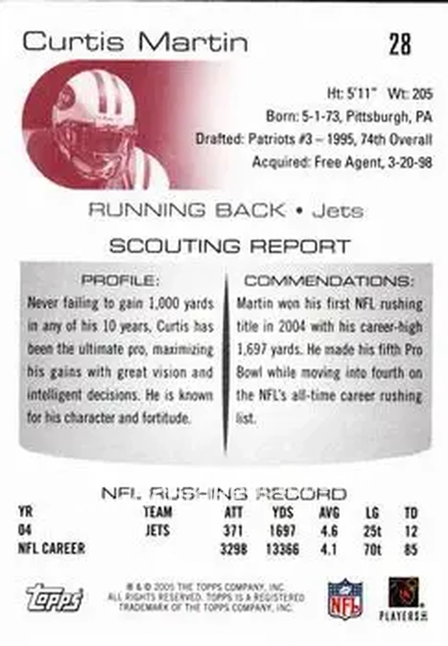 2005 Topps Draft Picks & Prospects #28 - Curtis Martin - New York Jets - Back 2005 Topps Draft Picks & Prospects #28 - Curtis Martin - New York Jets - Back