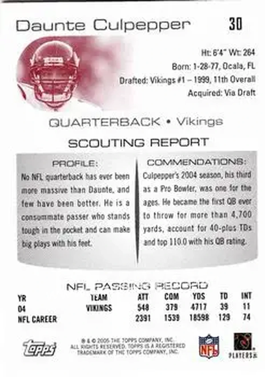 2005 Topps Draft Picks & Prospects #30 - Daunte Culpepper - Minnesota Vikings - Back