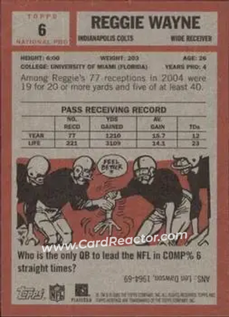 2005 Topps Heritage #6 - Reggie Wayne - Indianapolis Colts - Back