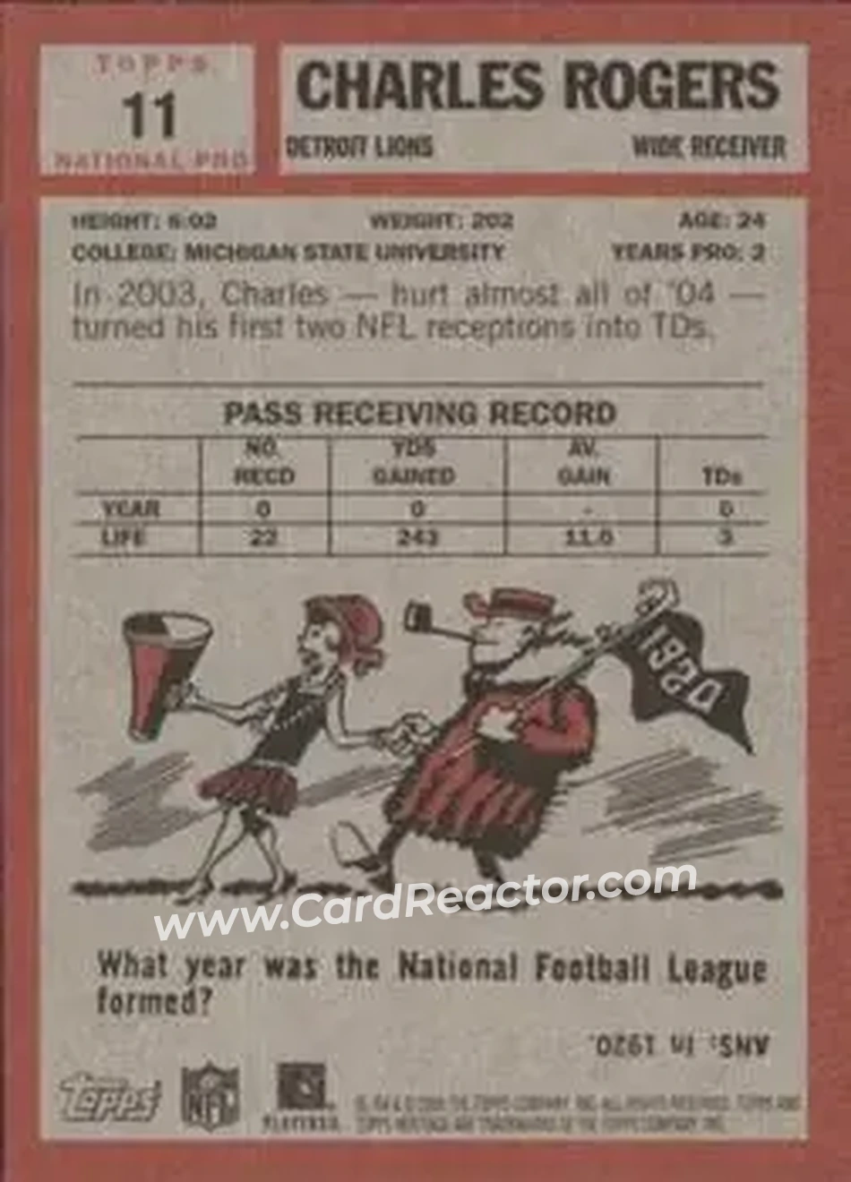 2005 Topps Heritage #11 - Charles Rogers - Detroit Lions - Back