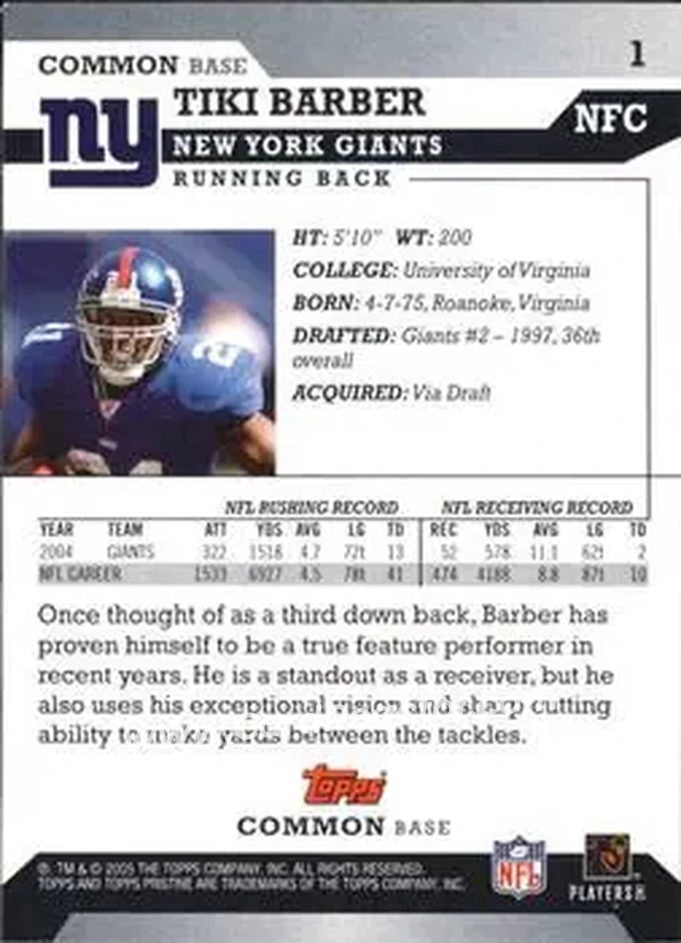 2005 Topps Pristine #1 - Tiki Barber - New York Giants - Back 2005 Topps Pristine #1 - Tiki Barber - New York Giants - Back