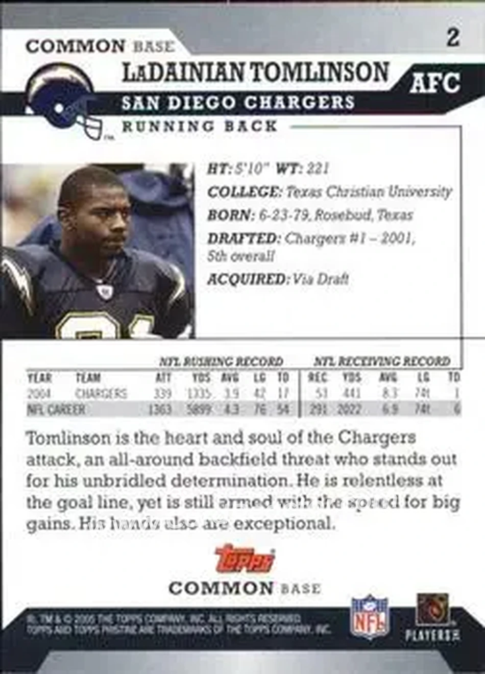 2005 Topps Pristine #2 - LaDainian Tomlinson - San Diego Chargers - Back