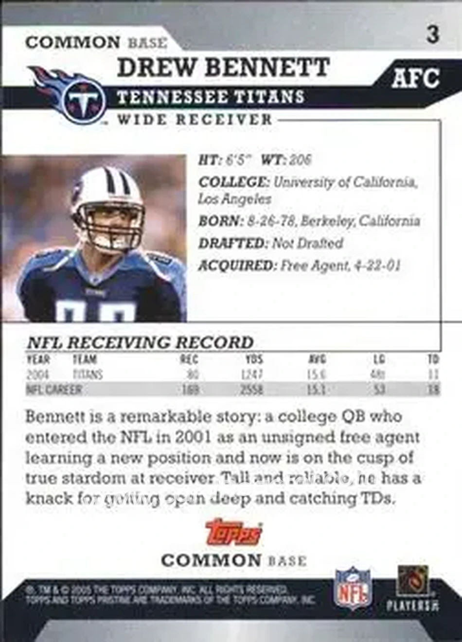 2005 Topps Pristine #3 - Drew Bennett - Tennessee Titans - Back 2005 Topps Pristine #3 - Drew Bennett - Tennessee Titans - Back