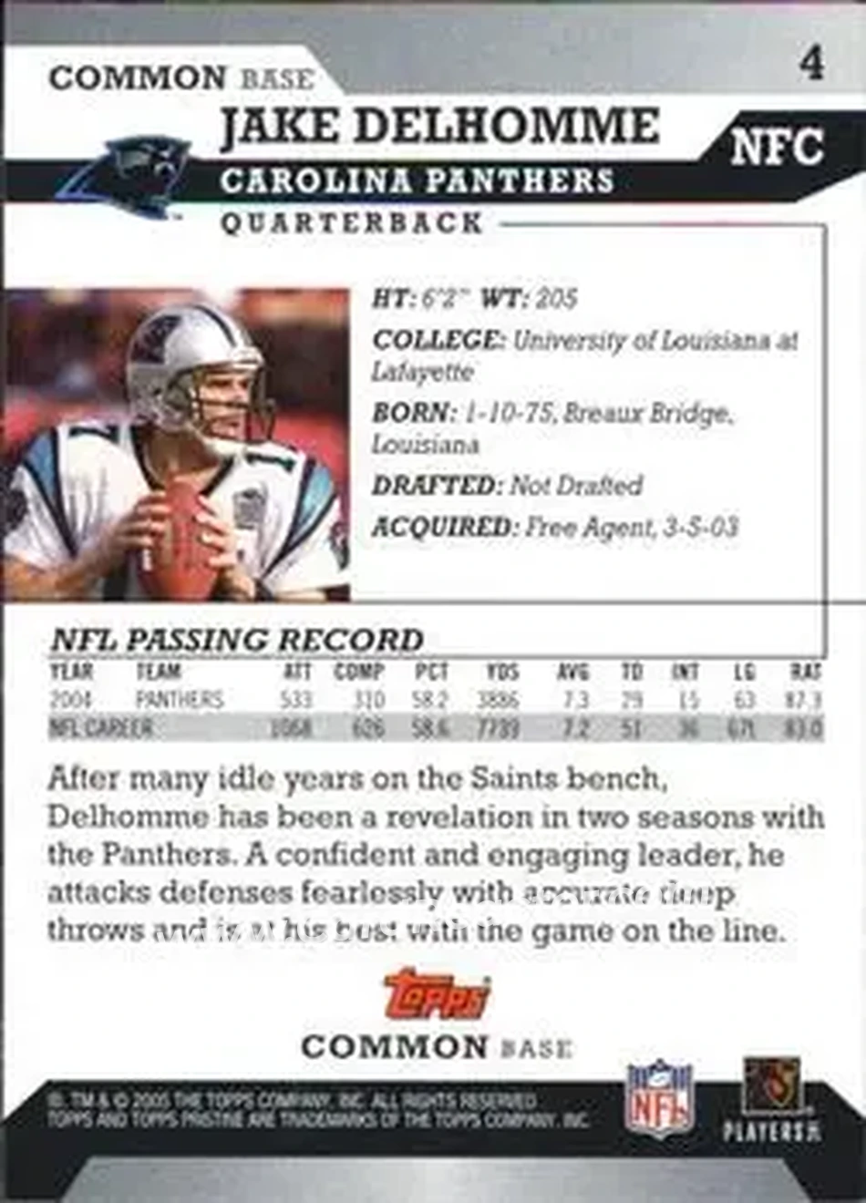 2005 Topps Pristine #4 - Jake Delhomme - Carolina Panthers - Back 2005 Topps Pristine #4 - Jake Delhomme - Carolina Panthers - Back