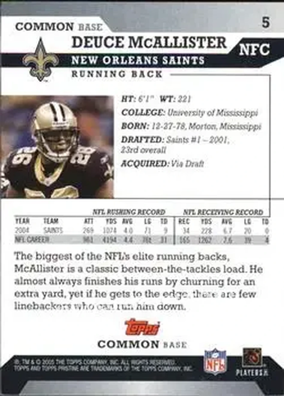 2005 Topps Pristine #5 - Deuce McAllister - New Orleans Saints - Back