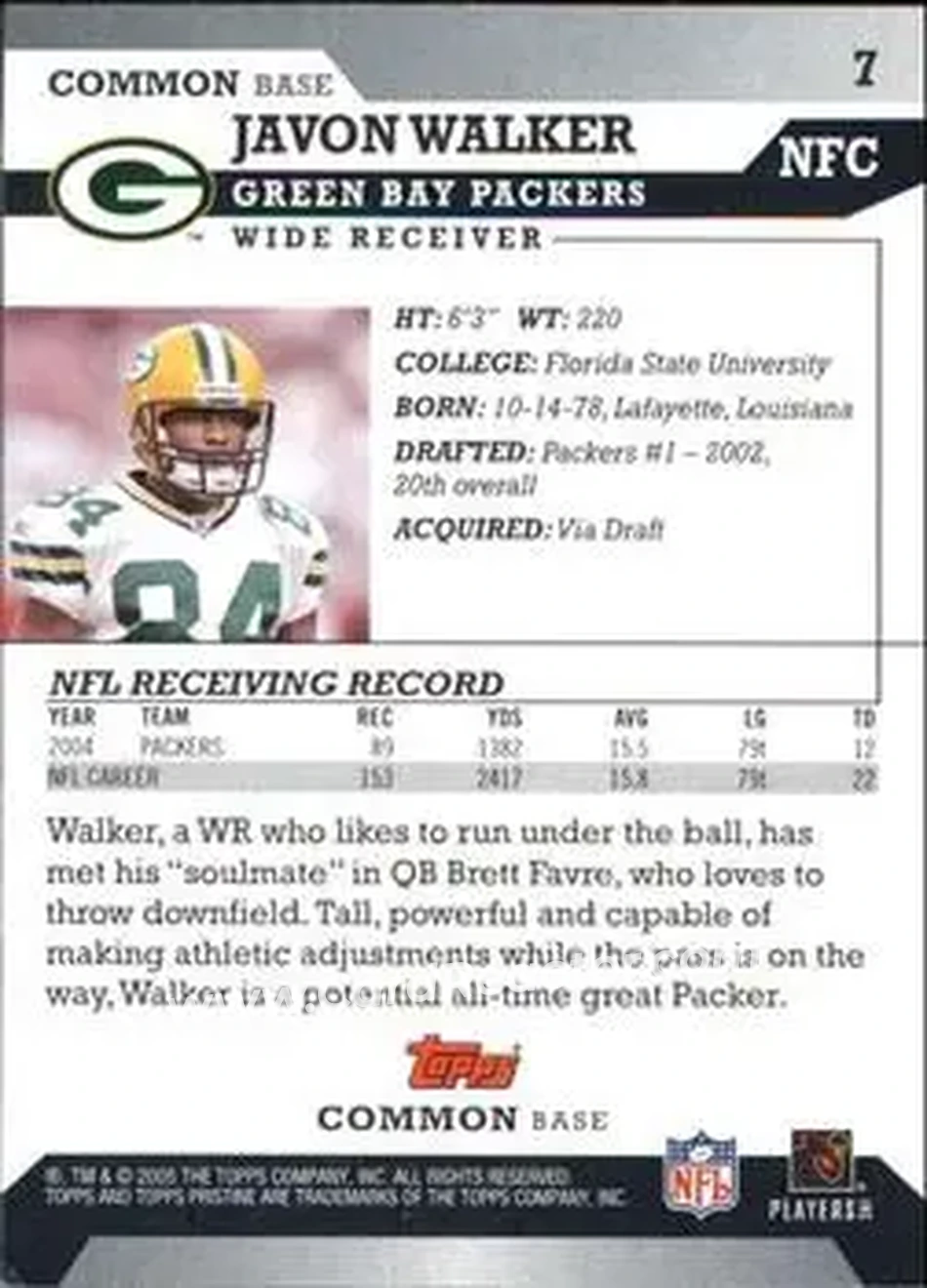 2005 Topps Pristine #7 - Javon Walker - Green Bay Packers - Back 2005 Topps Pristine #7 - Javon Walker - Green Bay Packers - Back