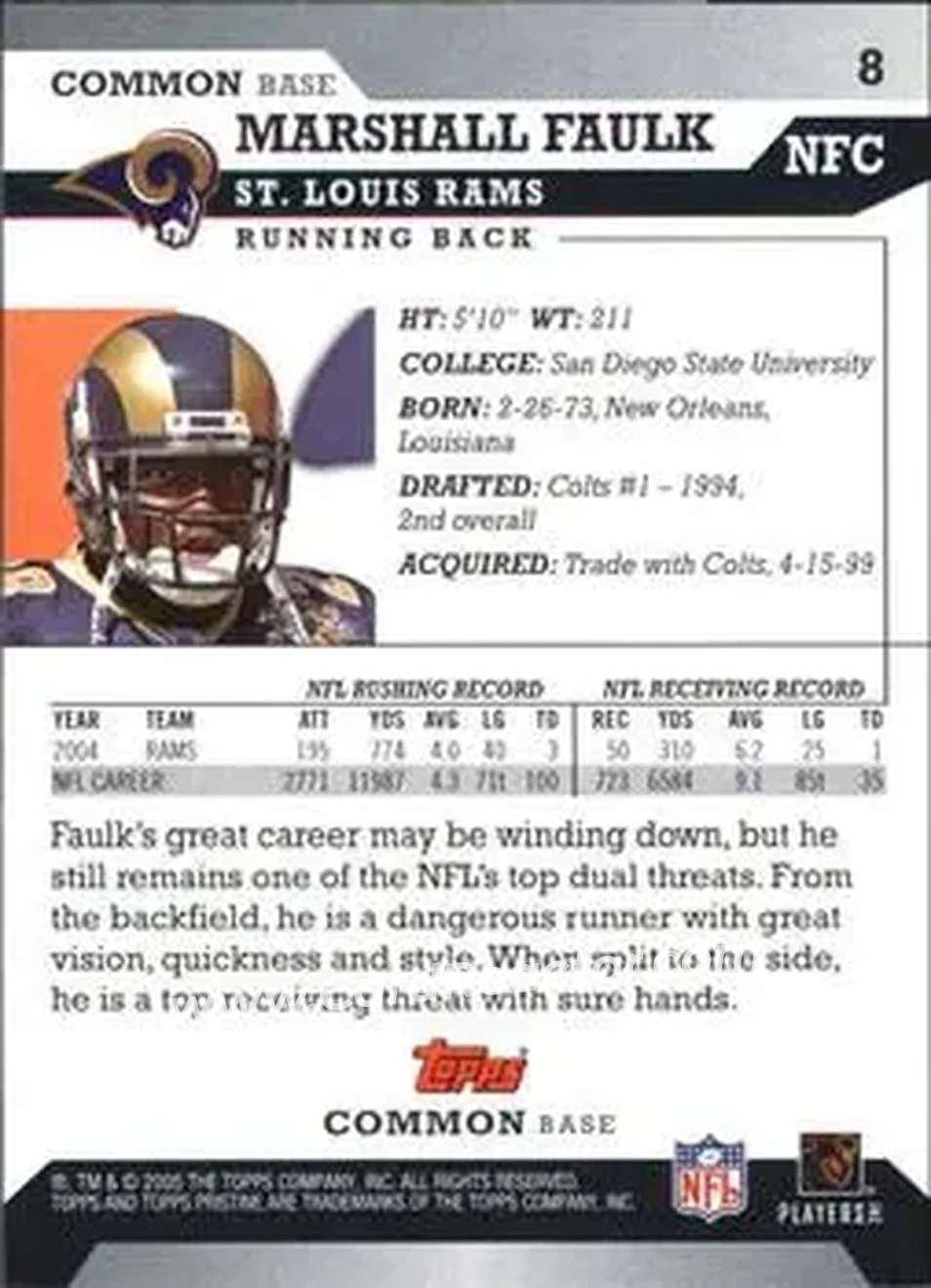 2005 Topps Pristine #8 - Marshall Faulk - St. Louis Rams - Back 2005 Topps Pristine #8 - Marshall Faulk - St. Louis Rams - Back