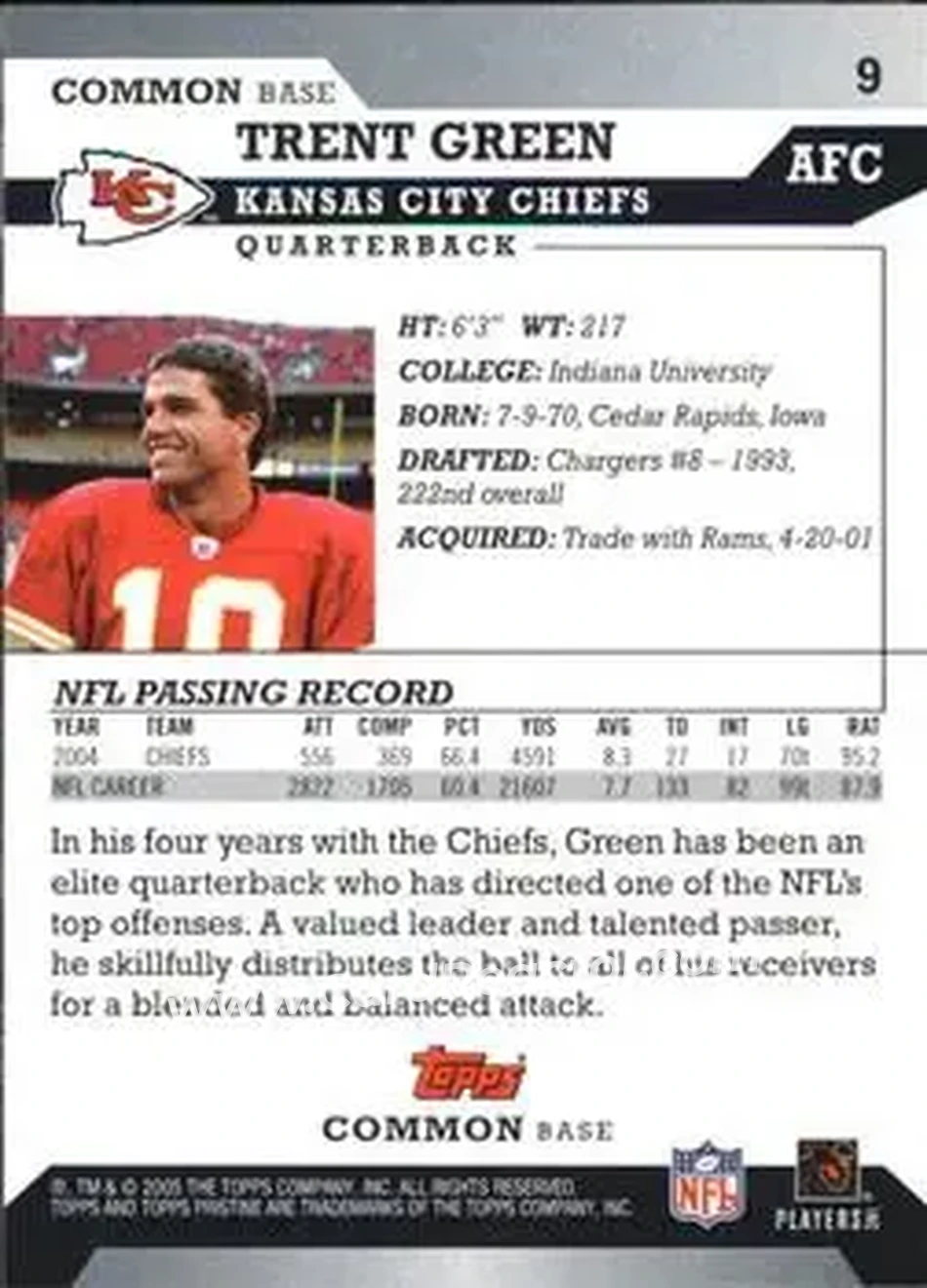 2005 Topps Pristine #9 - Trent Green - Kansas City Chiefs - Back