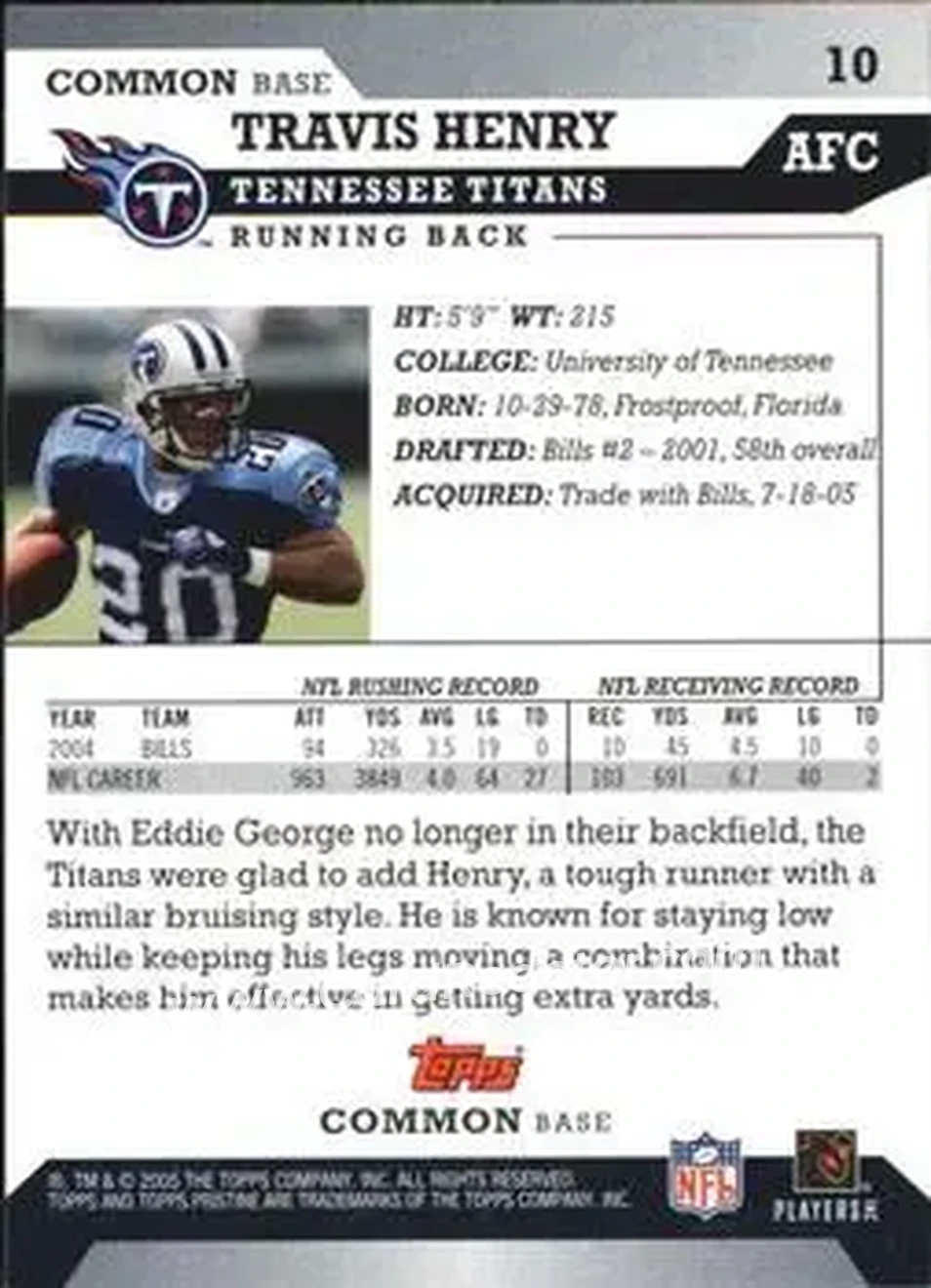 2005 Topps Pristine #10 - Travis Henry - Tennessee Titans - Back