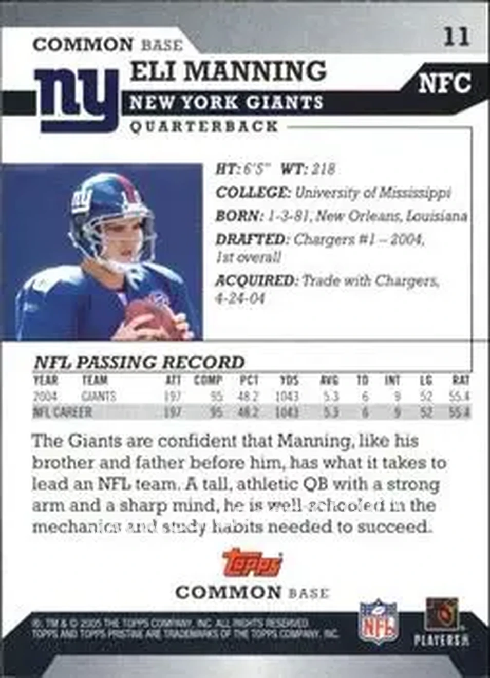 2005 Topps Pristine #11 - Eli Manning - New York Giants - Back 2005 Topps Pristine #11 - Eli Manning - New York Giants - Back