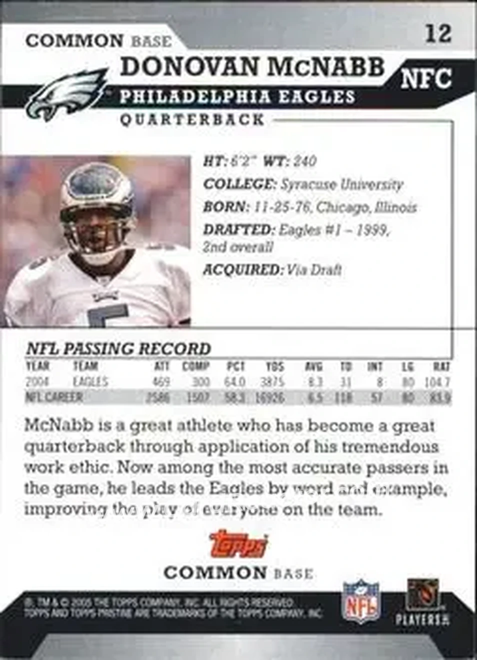 2005 Topps Pristine #12 - Donovan McNabb - Philadelphia Eagles - Back 2005 Topps Pristine #12 - Donovan McNabb - Philadelphia Eagles - Back