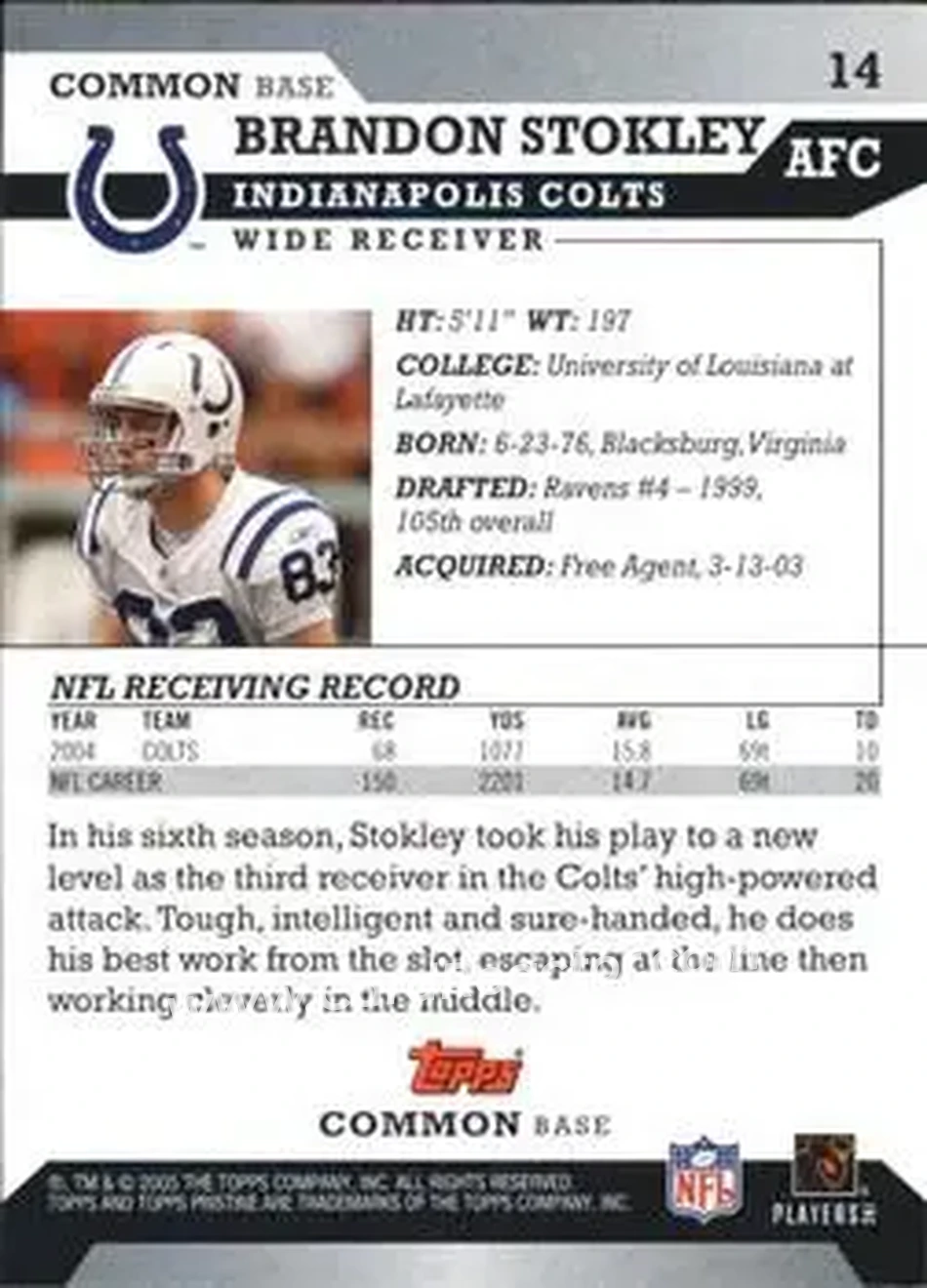 2005 Topps Pristine #14 - Brandon Stokley - Indianapolis Colts - Back 2005 Topps Pristine #14 - Brandon Stokley - Indianapolis Colts - Back