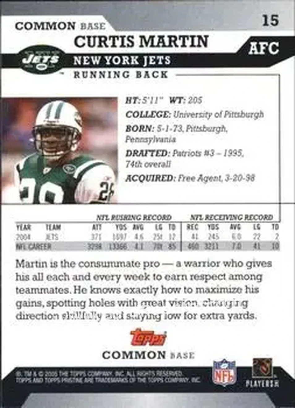 2005 Topps Pristine #15 - Curtis Martin - New York Jets - Back 2005 Topps Pristine #15 - Curtis Martin - New York Jets - Back