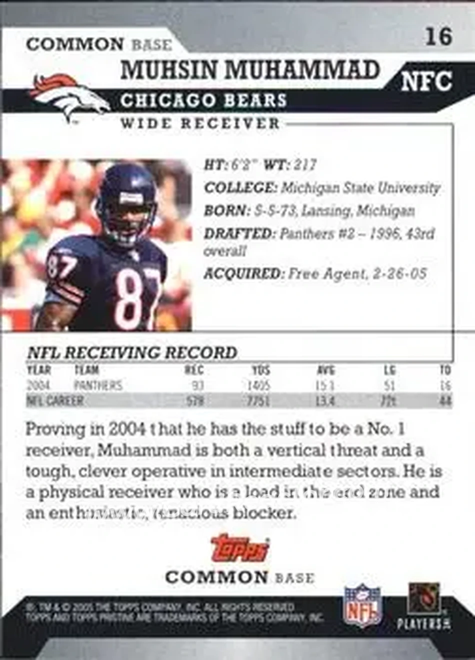2005 Topps Pristine #16 - Muhsin Muhammad - Chicago Bears - Back 2005 Topps Pristine #16 - Muhsin Muhammad - Chicago Bears - Back