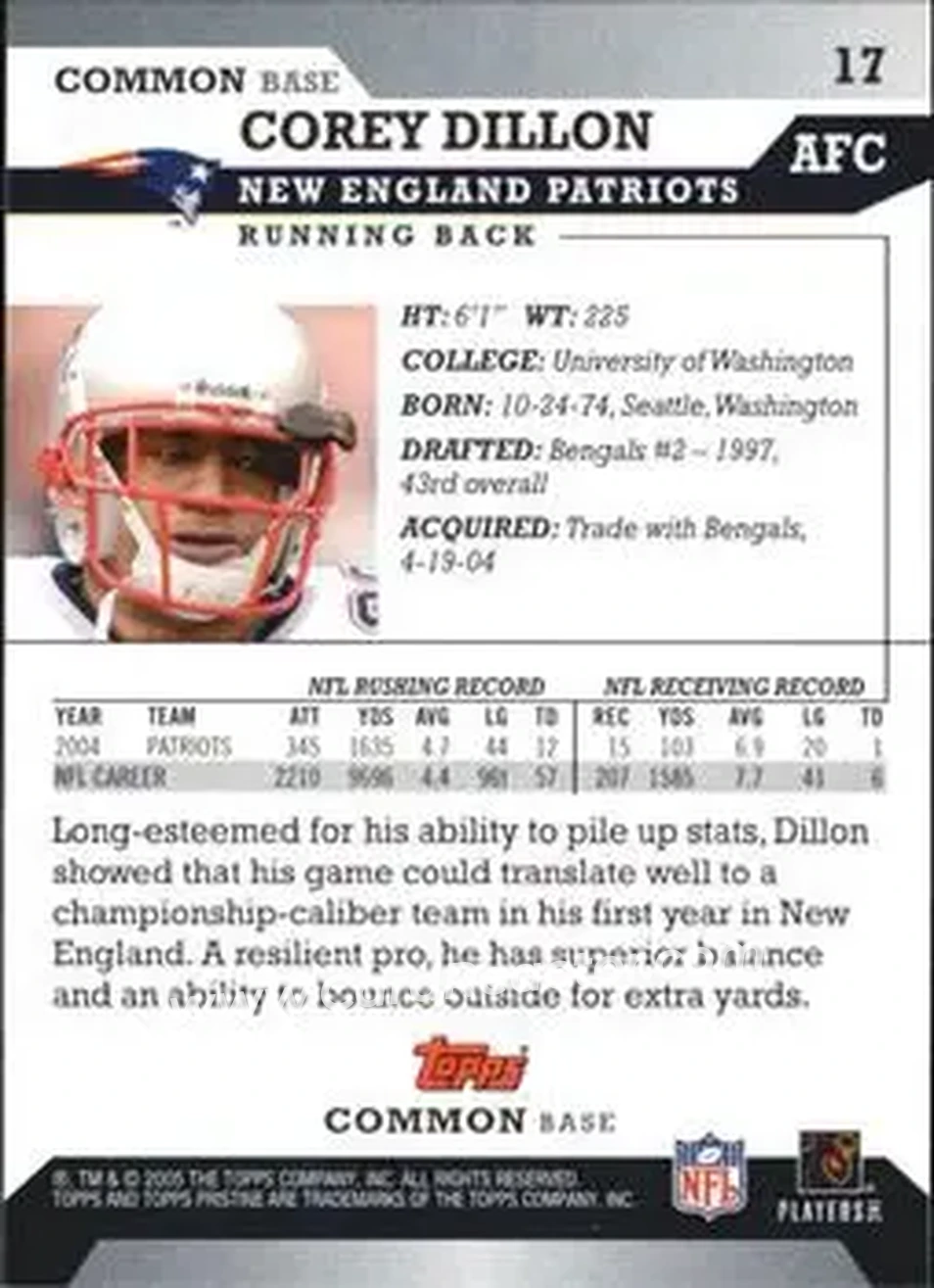 2005 Topps Pristine #17 - Corey Dillon - New England Patriots - Back