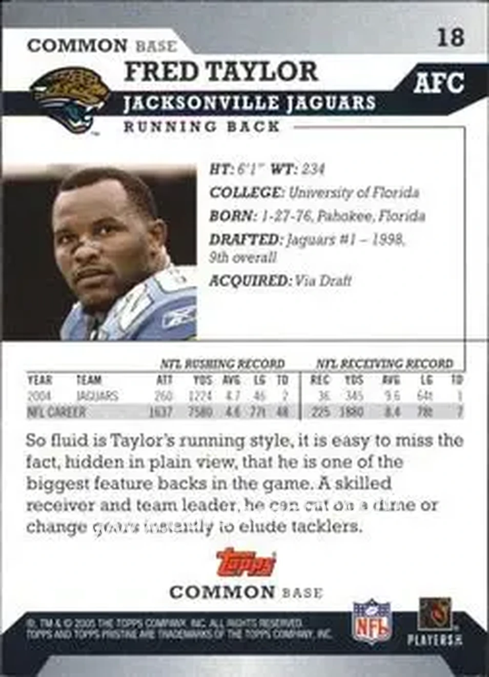 2005 Topps Pristine #18 - Fred Taylor - Jacksonville Jaguars - Back 2005 Topps Pristine #18 - Fred Taylor - Jacksonville Jaguars - Back