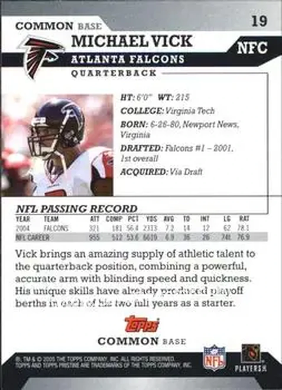 2005 Topps Pristine #19 - Michael Vick - Atlanta Falcons - Back