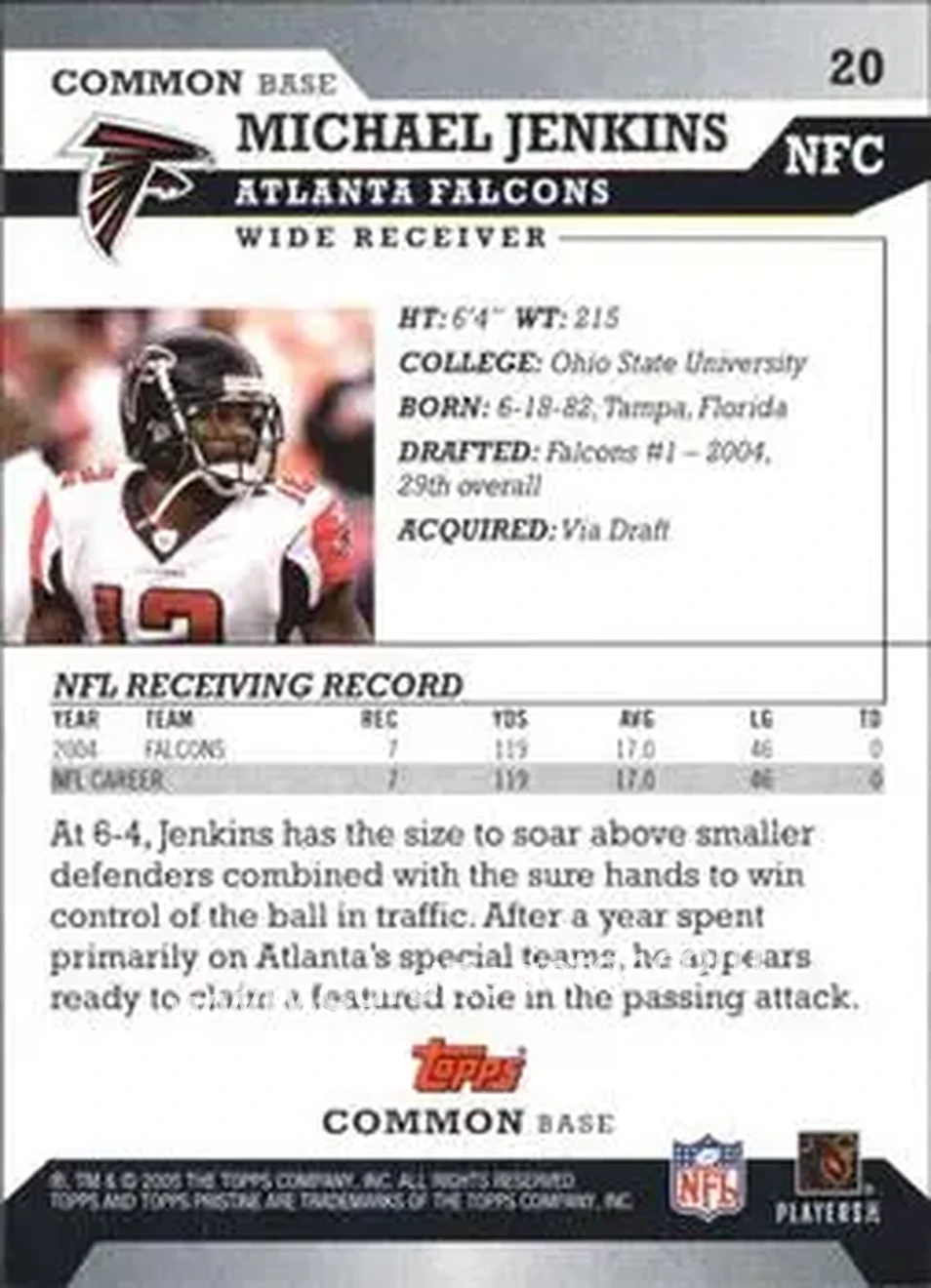 2005 Topps Pristine #20 - Michael Jenkins - Atlanta Falcons - Back