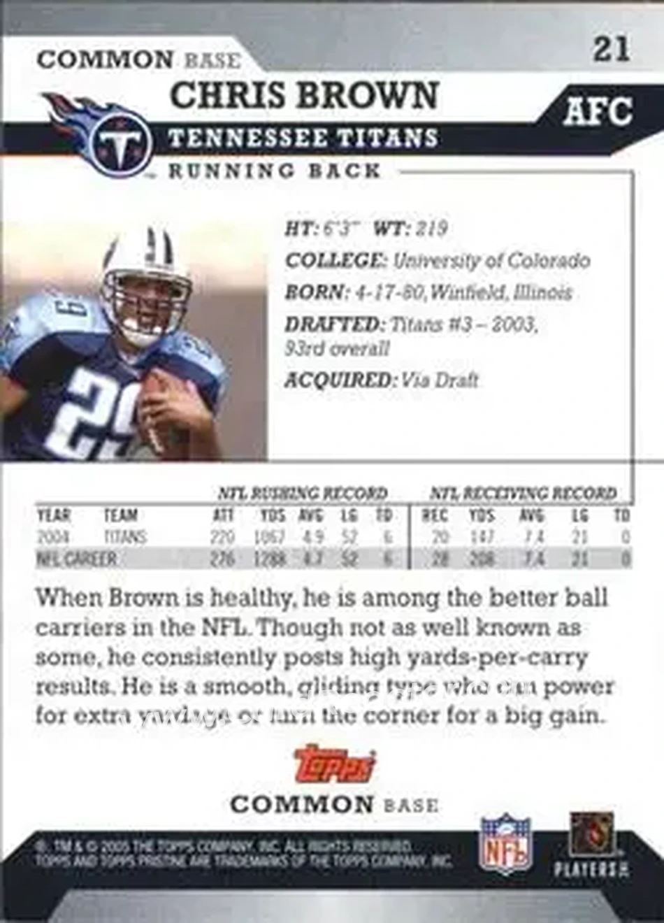 2005 Topps Pristine #21 - Chris Brown - Tennessee Titans - Back 2005 Topps Pristine #21 - Chris Brown - Tennessee Titans - Back