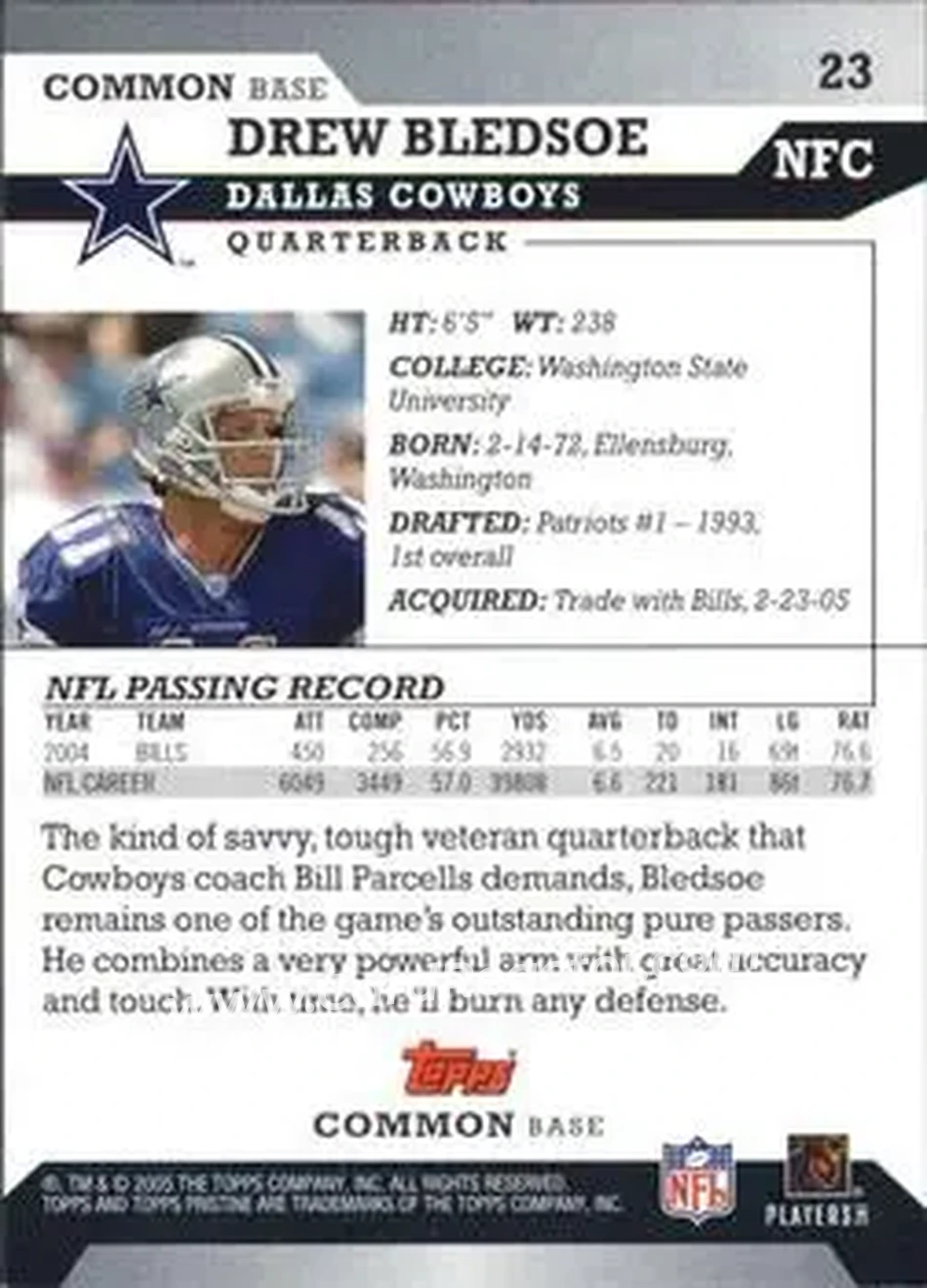 2005 Topps Pristine #23 - Drew Bledsoe - Dallas Cowboys - Back