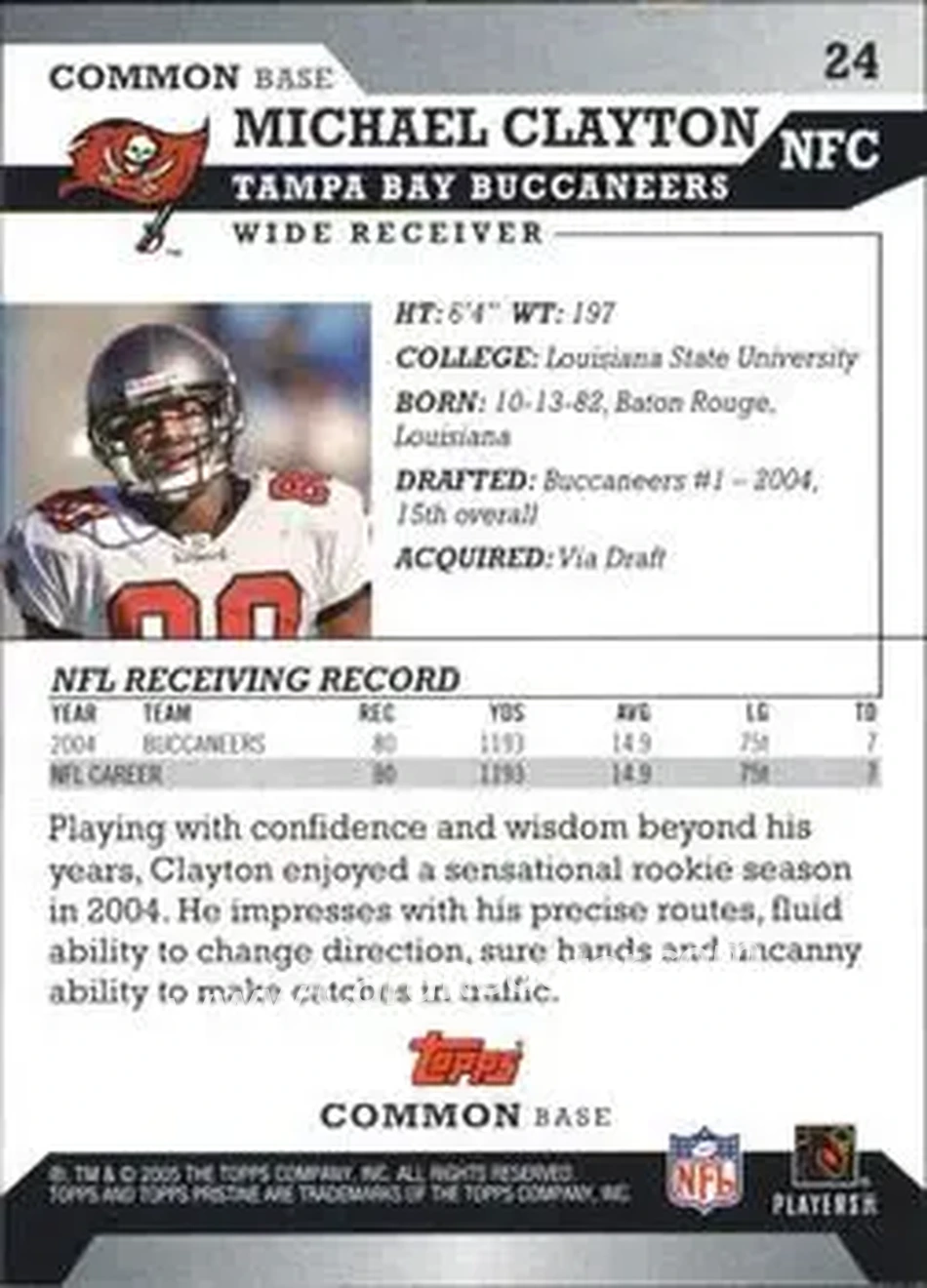 2005 Topps Pristine #24 - Michael Clayton - Tampa Bay Buccaneers - Back 2005 Topps Pristine #24 - Michael Clayton - Tampa Bay Buccaneers - Back