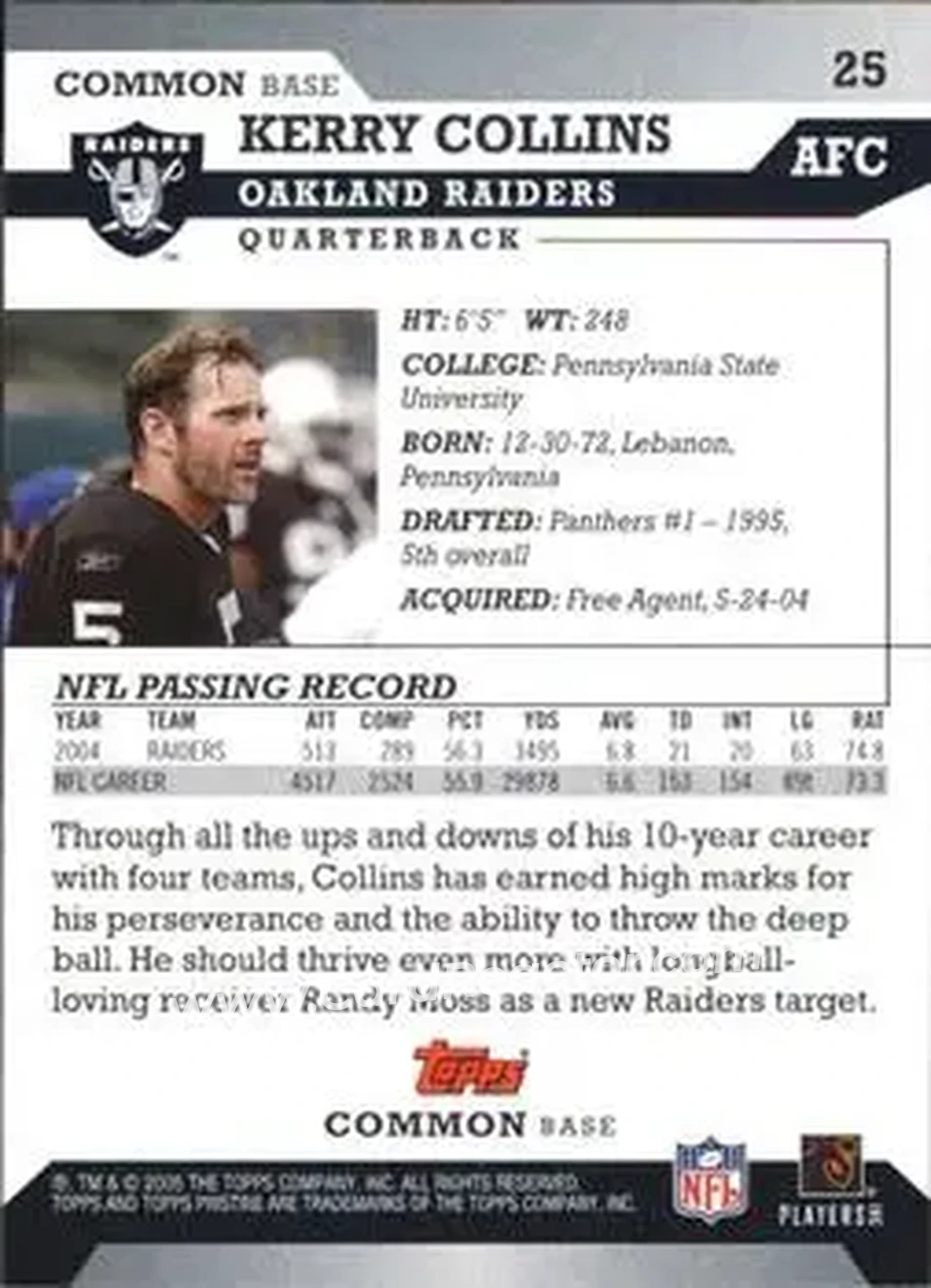 2005 Topps Pristine #25 - Kerry Collins - Oakland Raiders - Back 2005 Topps Pristine #25 - Kerry Collins - Oakland Raiders - Back