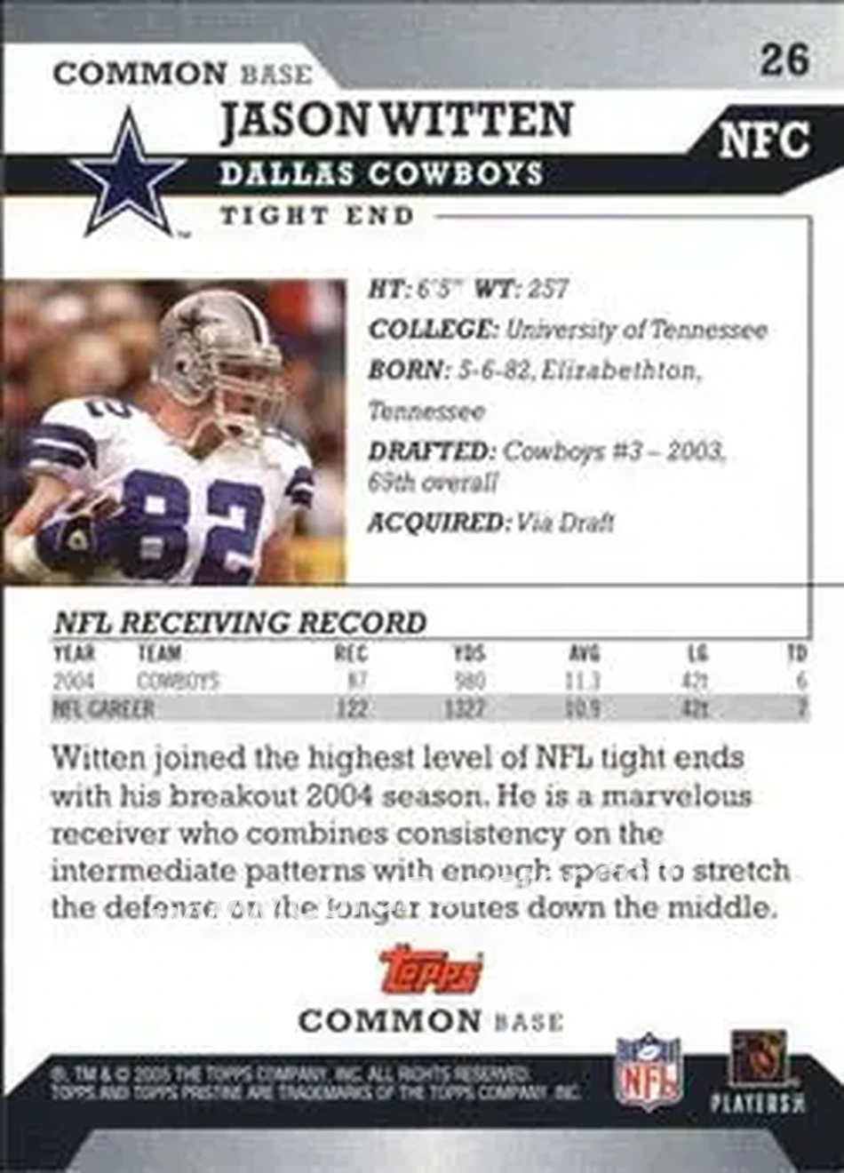 2005 Topps Pristine #26 - Jason Witten - Dallas Cowboys - Back
