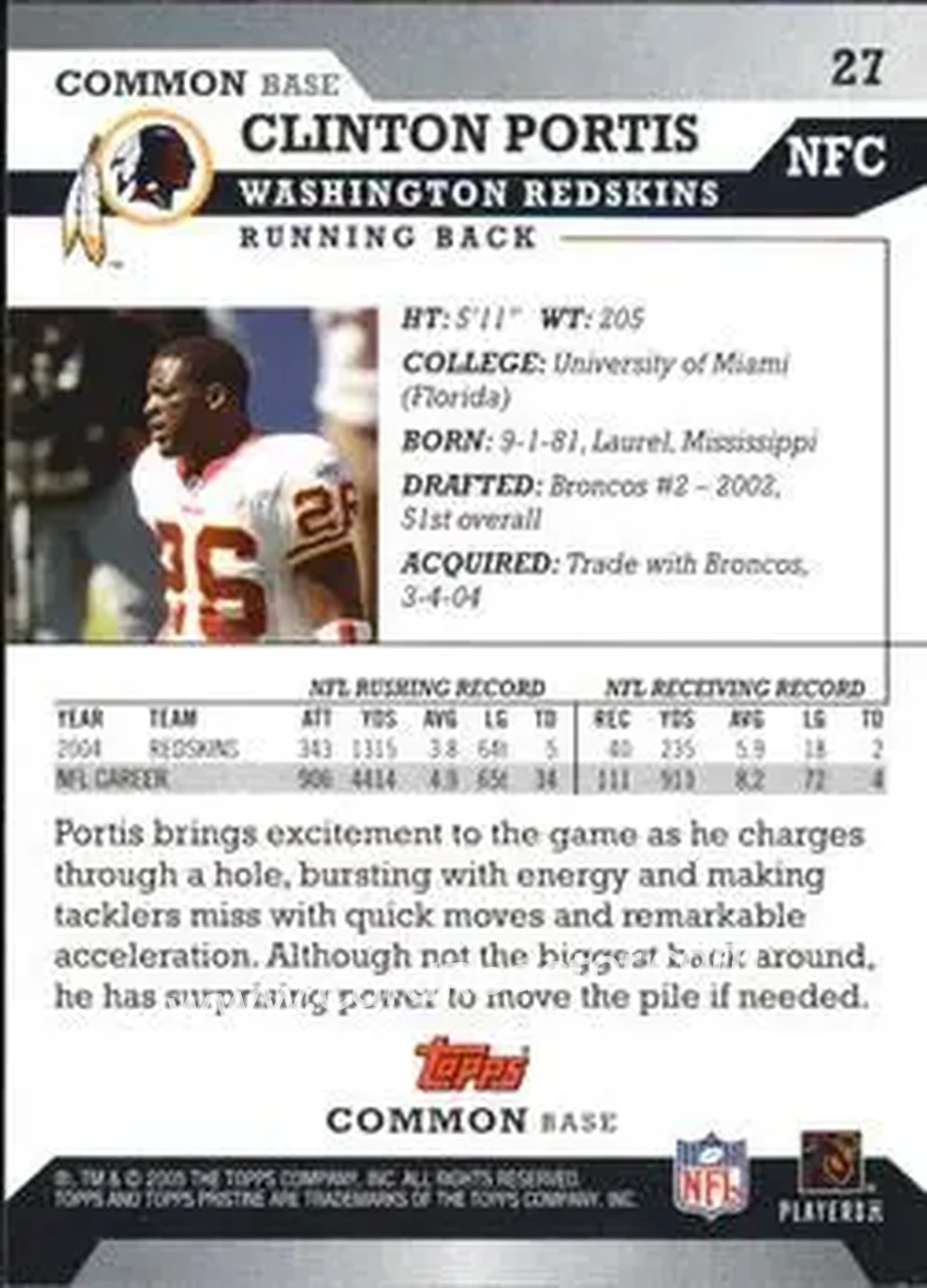 2005 Topps Pristine #27 - Clinton Portis - Washington Redskins - Back