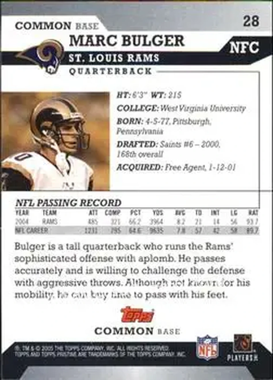 2005 Topps Pristine #28 - Marc Bulger - St. Louis Rams - Back