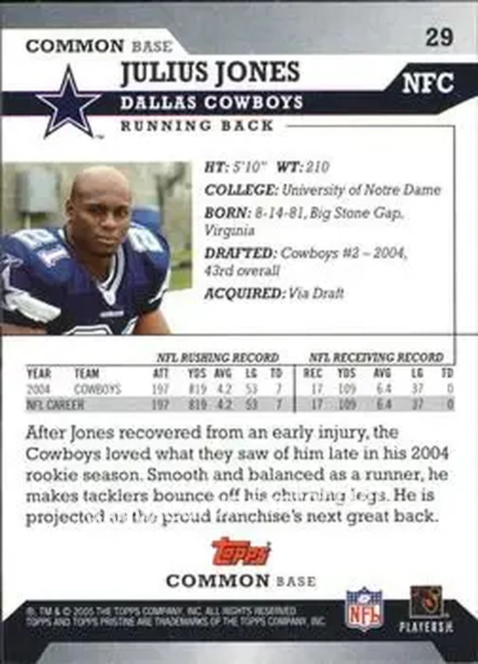 2005 Topps Pristine #29 - Julius Jones - Dallas Cowboys - Back