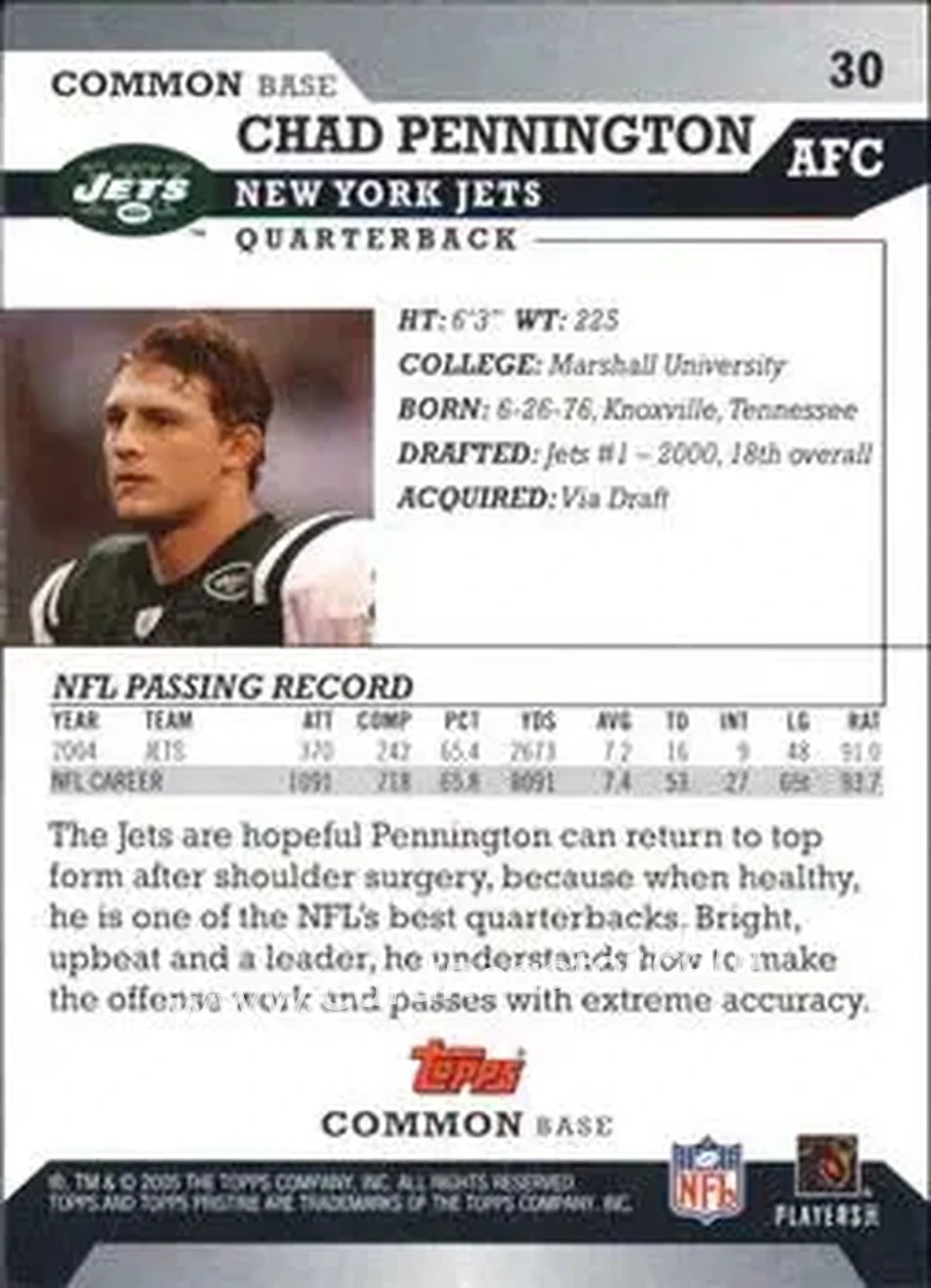 2005 Topps Pristine #30 - Chad Pennington - New York Jets - Back
