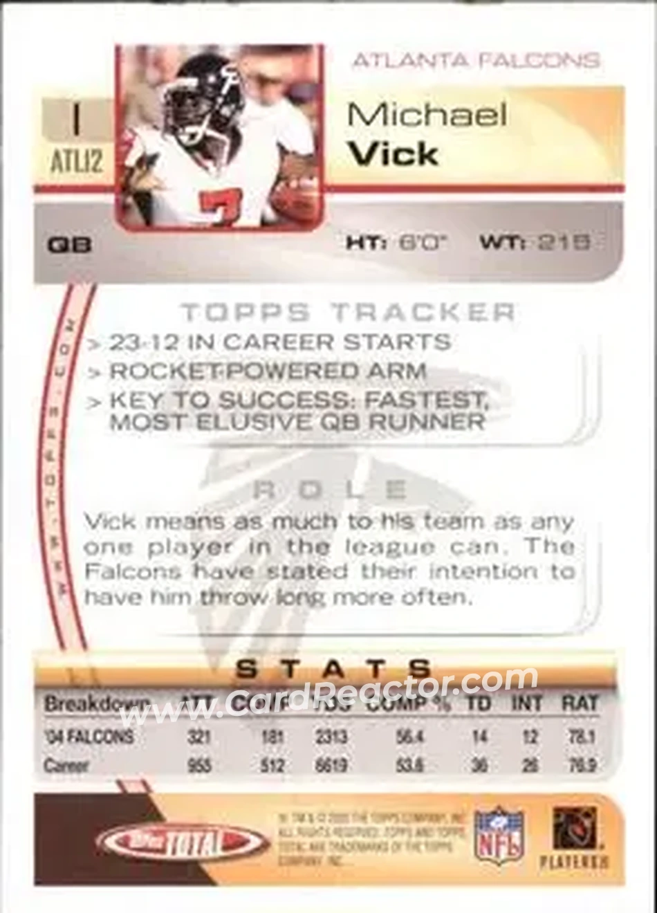 2005 Topps Total #1 - Michael Vick - Atlanta Falcons - Back