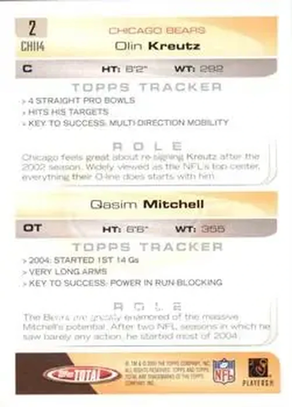 2005 Topps Total #2 - Olin Kreutz - Qasim Mitchell RC - Chicago Bears - Chicago Bears - Back 2005 Topps Total #2 - Olin Kreutz - Qasim Mitchell RC - Chicago Bears - Chicago Bears - Back