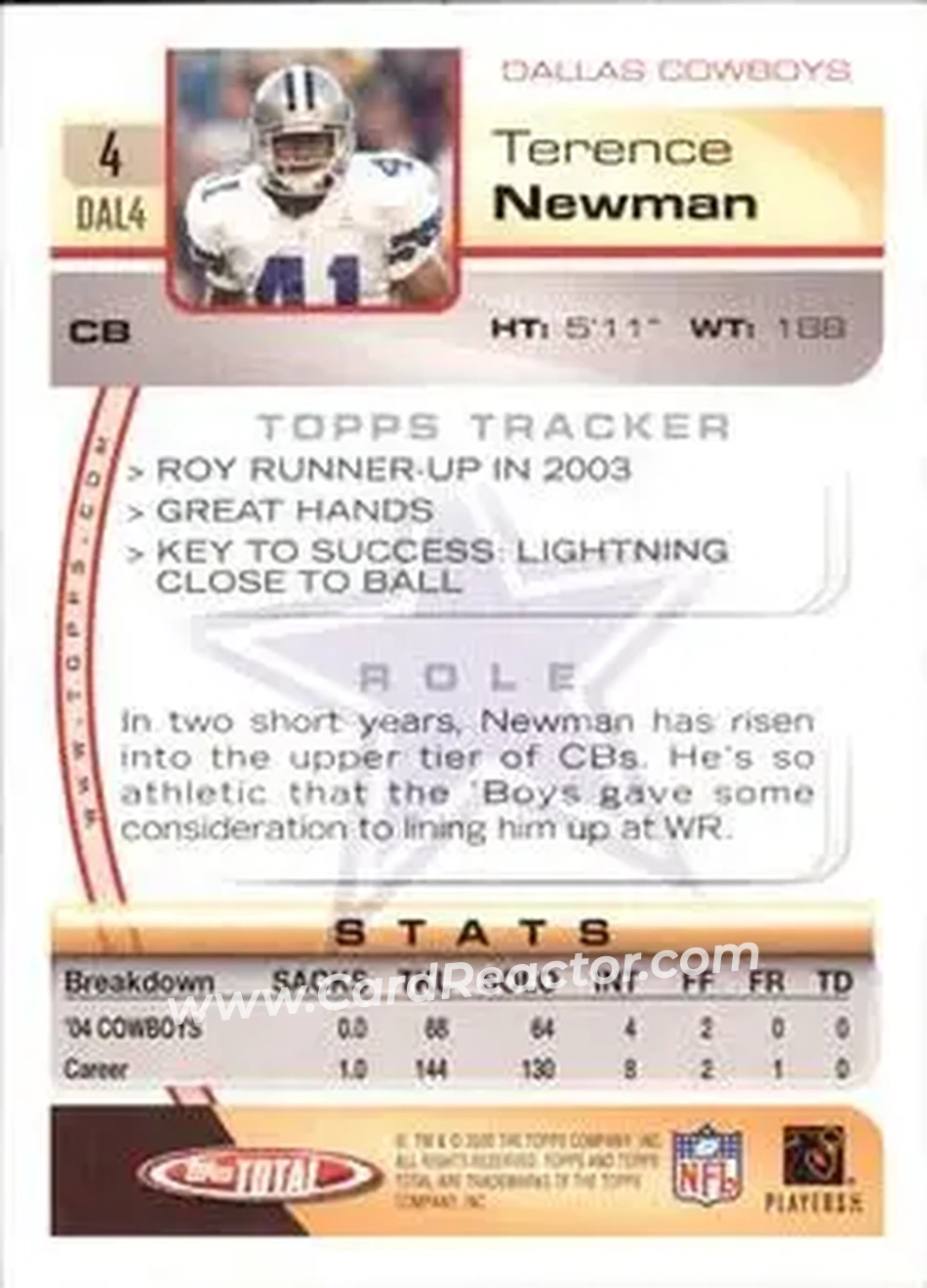 2005 Topps Total #4 - Terence Newman - Dallas Cowboys - Back
