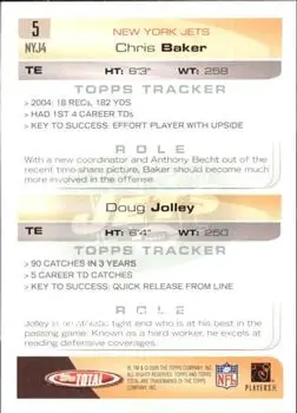 2005 Topps Total #5 - Doug Jolley - Chris Baker - New York Jets - New York Jets - Back 2005 Topps Total #5 - Doug Jolley - Chris Baker - New York Jets - New York Jets - Back