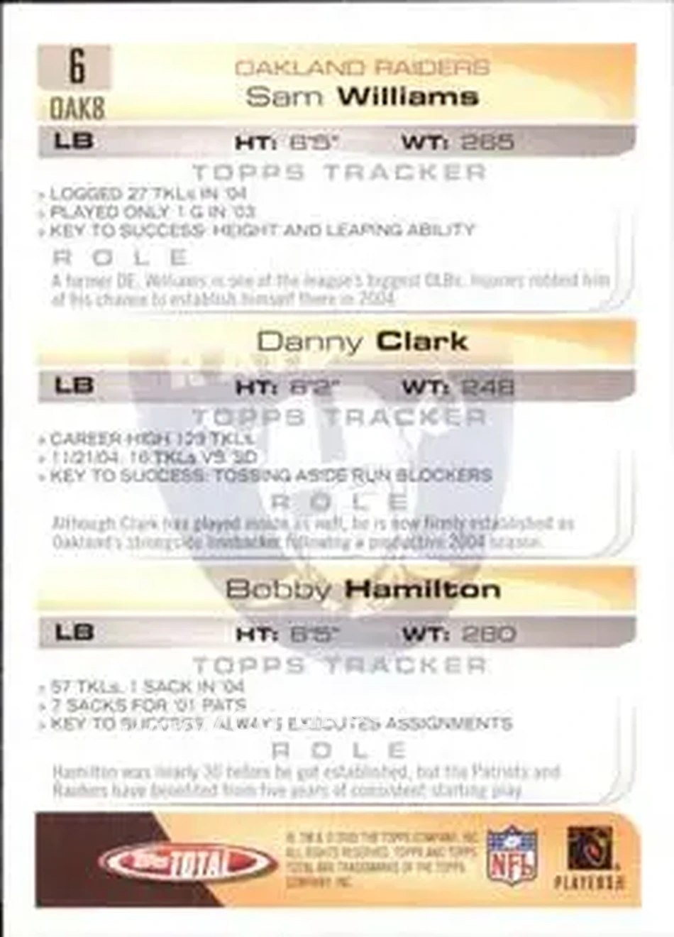 2005 Topps Total #6 - Danny Clark - Sam Williams - Bobby Hamilton RC - Oakland Raiders - Oakland Raiders - Back