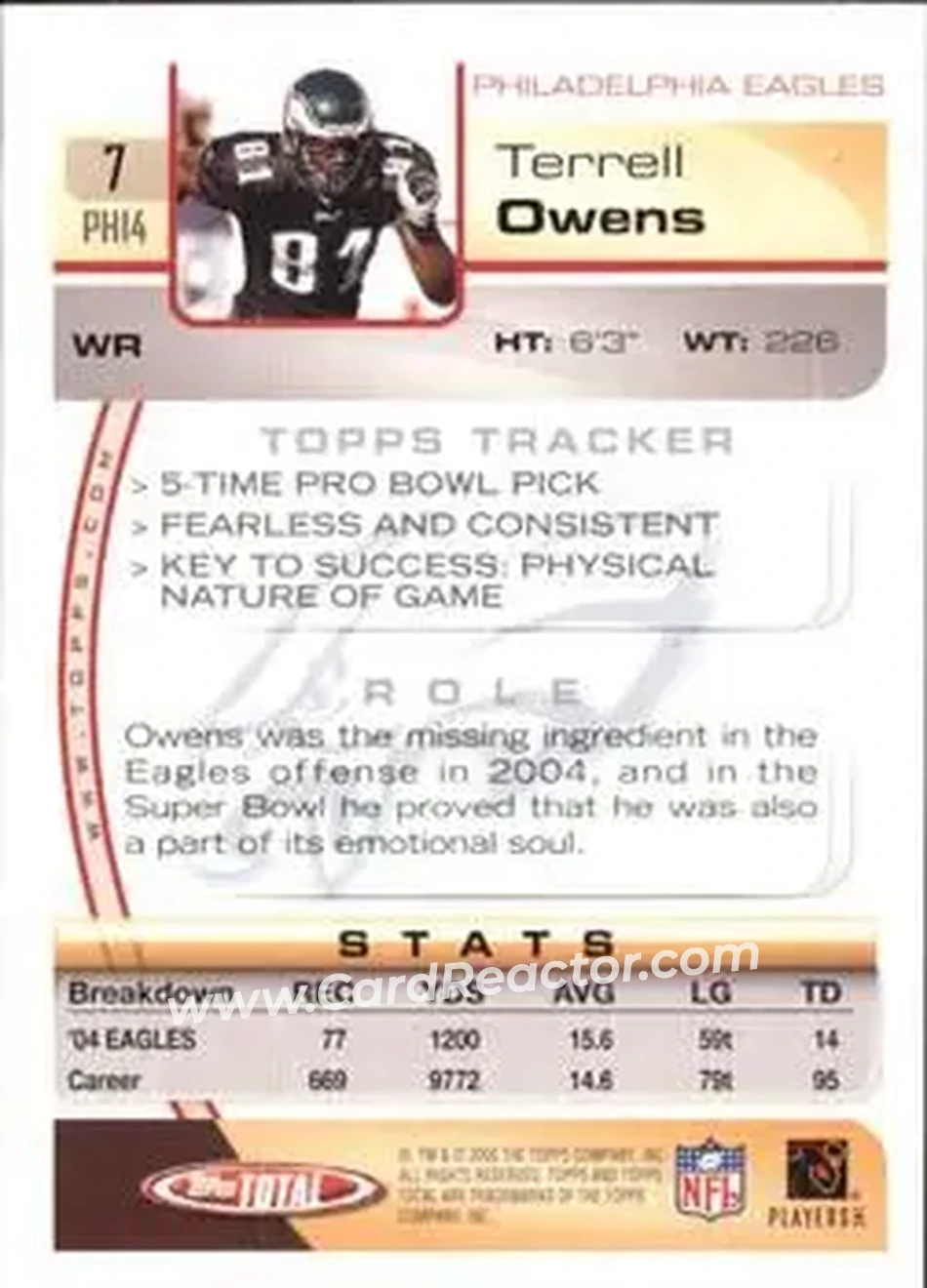 2005 Topps Total #7 - Terrell Owens - Philadelphia Eagles - Back 2005 Topps Total #7 - Terrell Owens - Philadelphia Eagles - Back