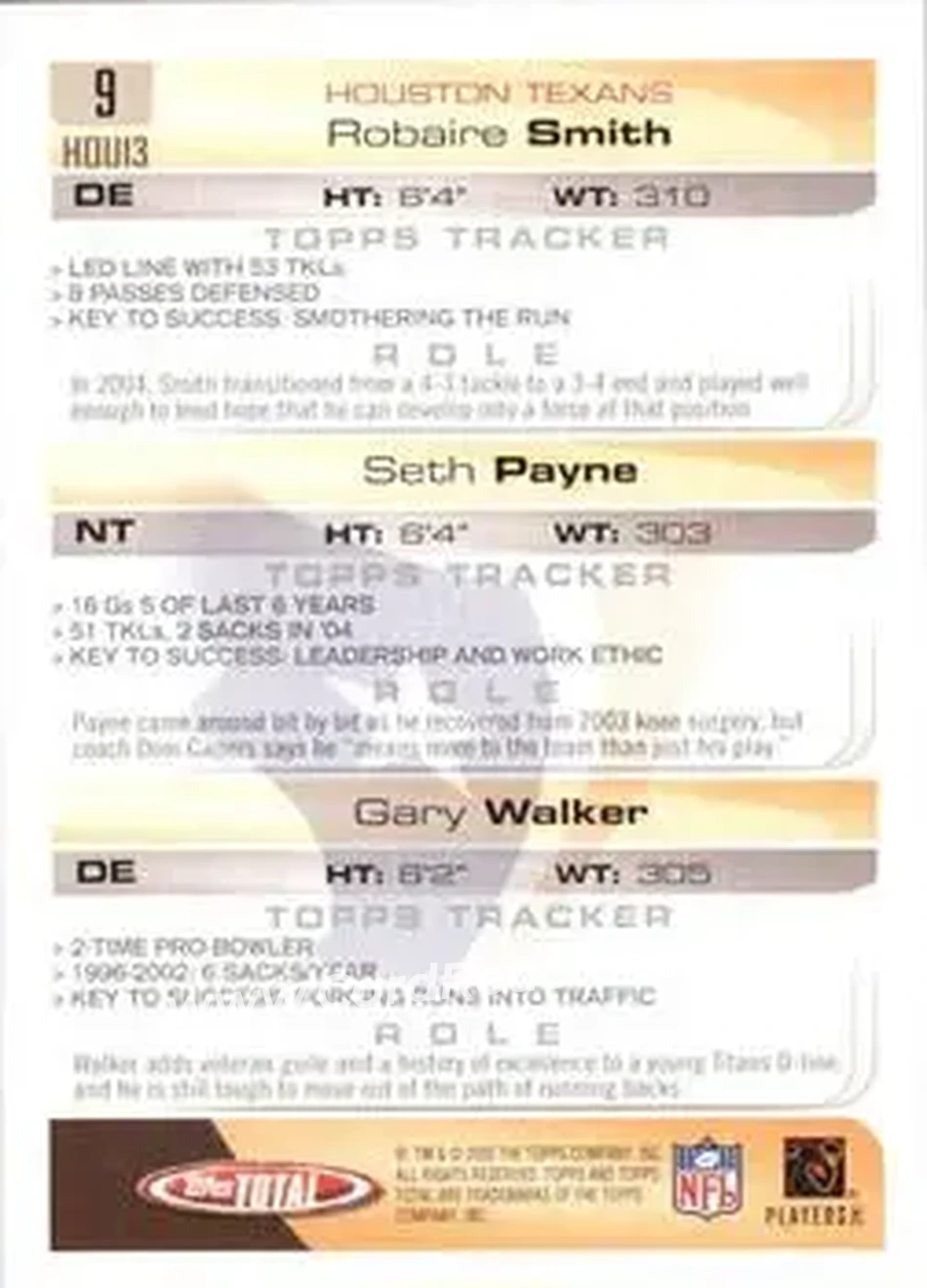 2005 Topps Total #9 - Gary Walker - Seth Payne - Robaire Smith - Houston Texans - Houston Texans - Back 2005 Topps Total #9 - Gary Walker - Seth Payne - Robaire Smith - Houston Texans - Houston Texans - Back